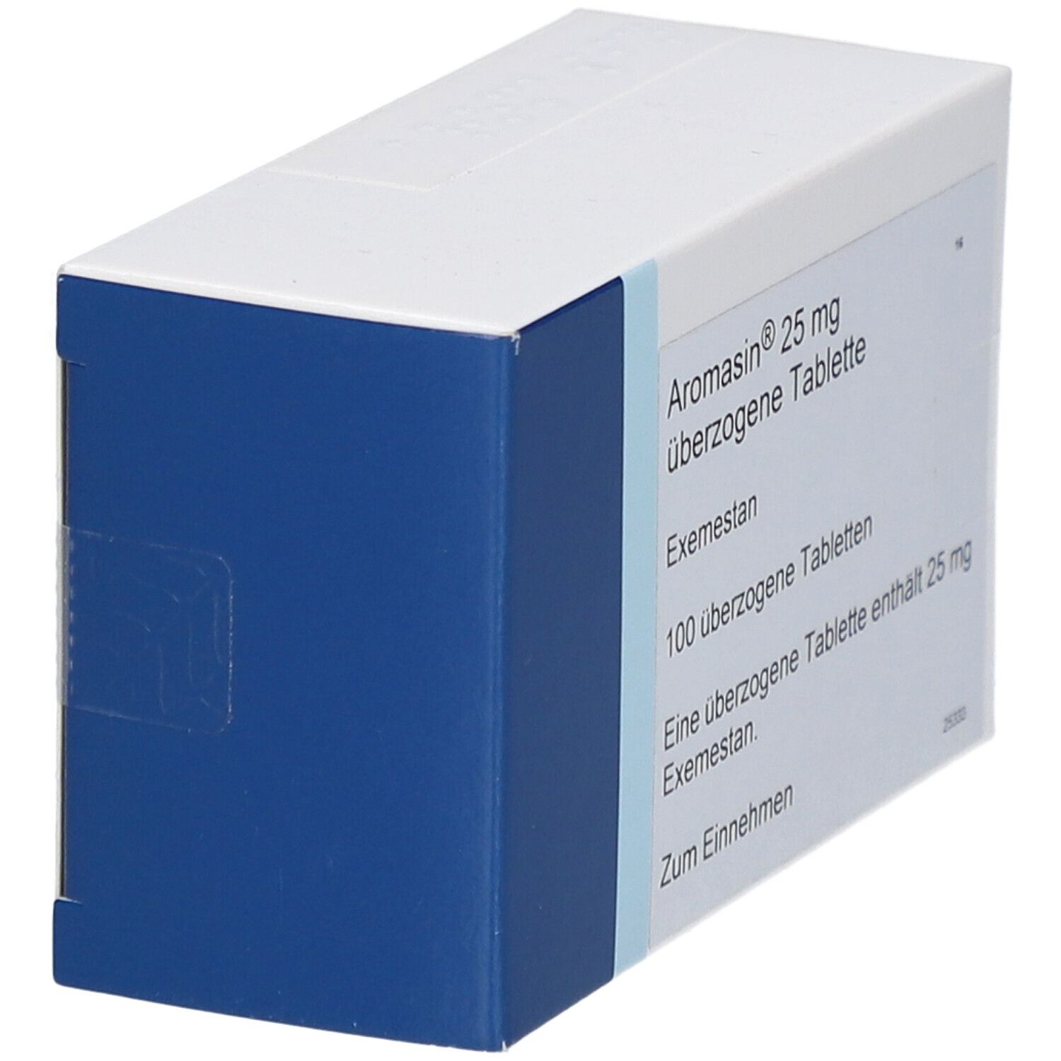 Aromasin 25 mg Schachtel, weiße Verpackung mit blauer Seite. Text: Exemestan, 100 überzogene Tabletten.