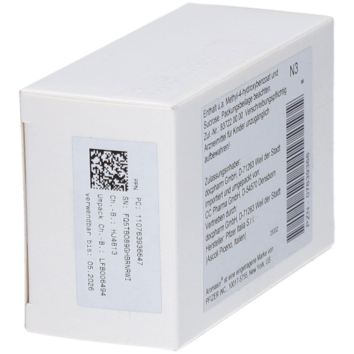 Rückseite der Aromasin 25 mg Schachtel. Text: Zulassungsnummer, Hersteller, Importeur, Barcode, Verfallsdatum.