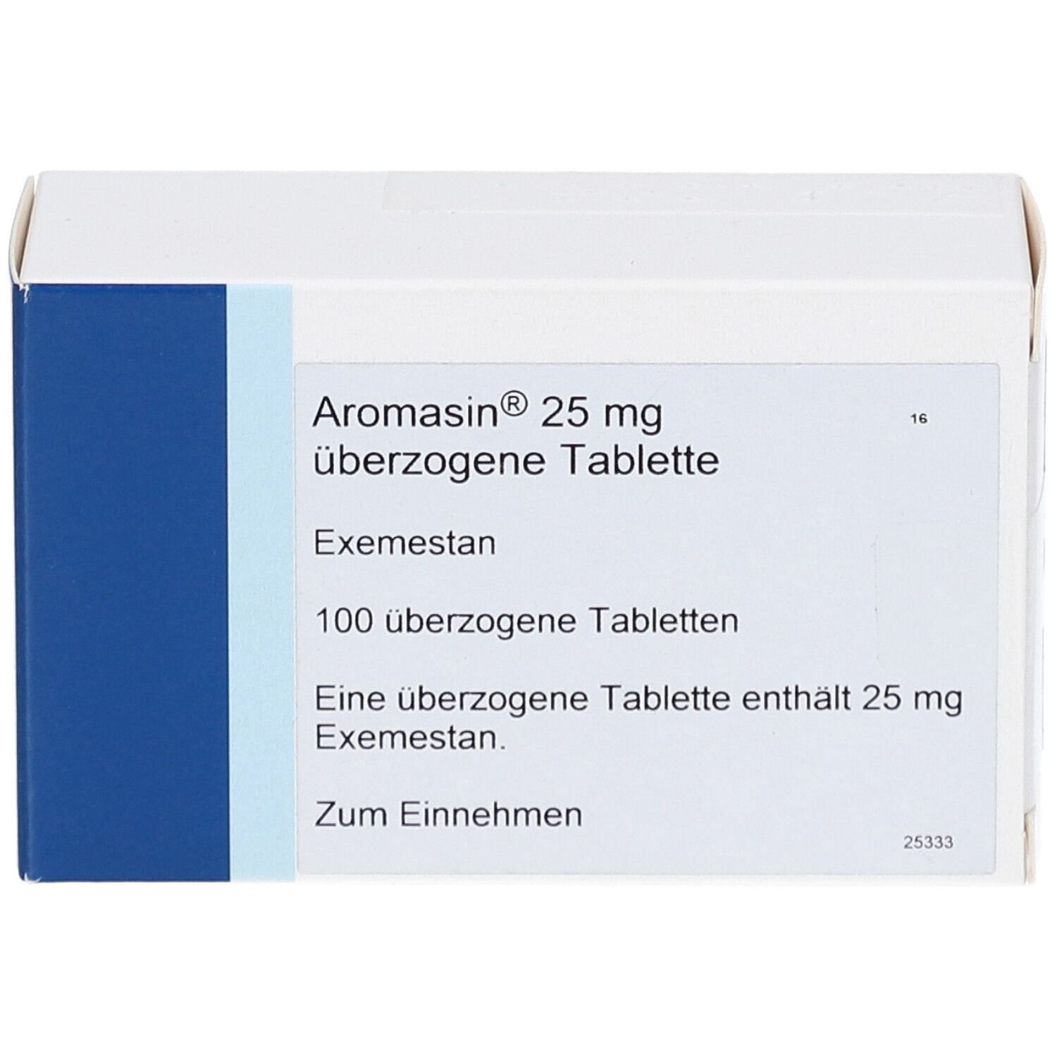 Aromasin 25 mg überzogene Tabletten. Weiße Schachtel mit Text: Exemestan, 100 überzogene Tabletten.