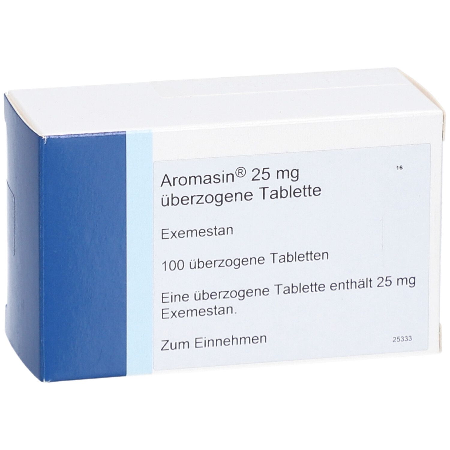 Aromasin 25 mg überzogene Tabletten. Weiße Schachtel mit Text: Exemestan, 100 überzogene Tabletten.