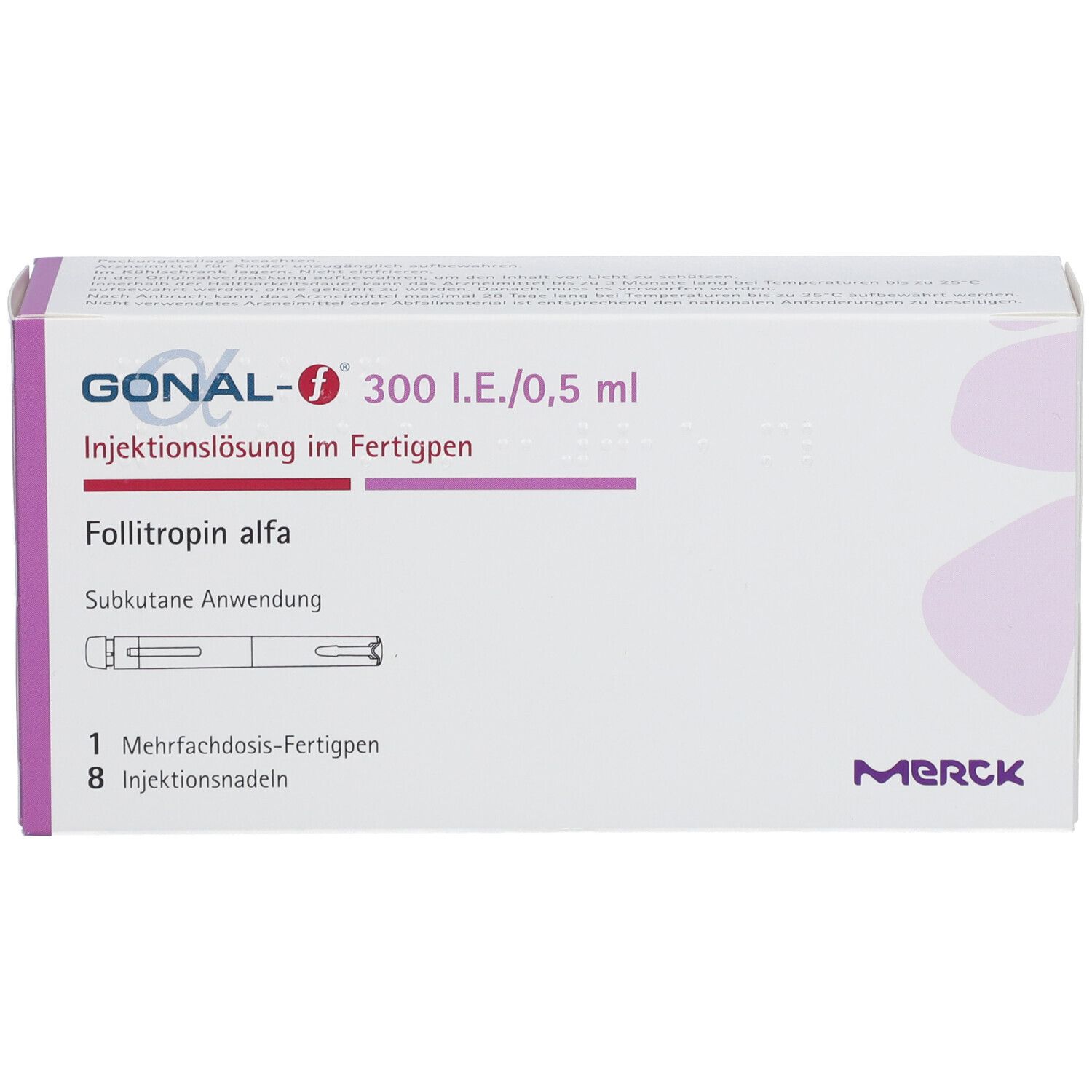 Gonal-f 300 I.E./0,5 ml Verpackung. Enthält einen Fertigpen und 8 Injektionsnadeln. Merck Logo.