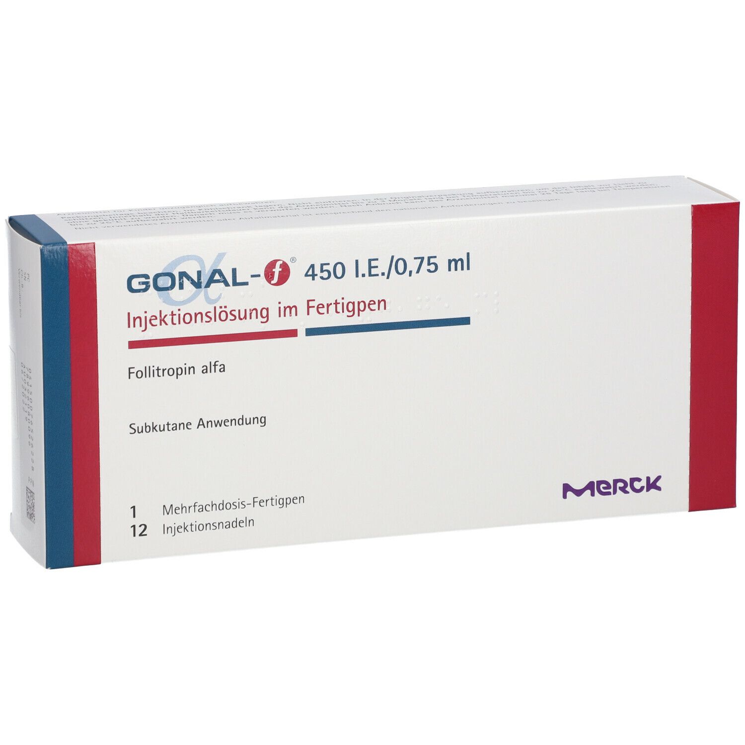 Gonal-f 450 I.E./0,75 ml Injektionslösung im Fertigpen. Weiße Faltschachtel mit roten und blauen Akzenten. Merck-Logo.
