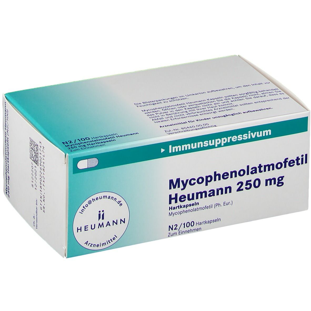 Schachtel mit Mycophenolatmofetil Heumann 250 mg Hartkapseln. Aufschrift: Immunsuppressivum. Heumann Logo.