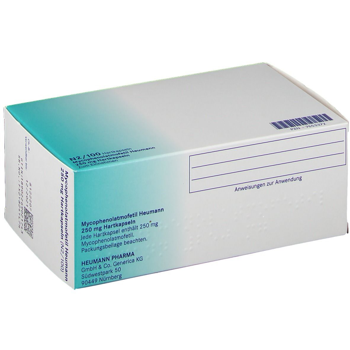 Rückseite der Schachtel mit Mycophenolatmofetil Heumann 250 mg Hartkapseln. Text und Barcode.