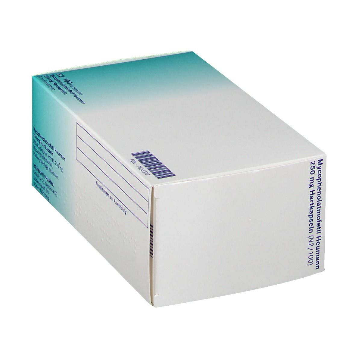 Schachtel mit Mycophenolatmofetil Heumann 250 mg Hartkapseln. Seitenansicht mit Text und Barcode.