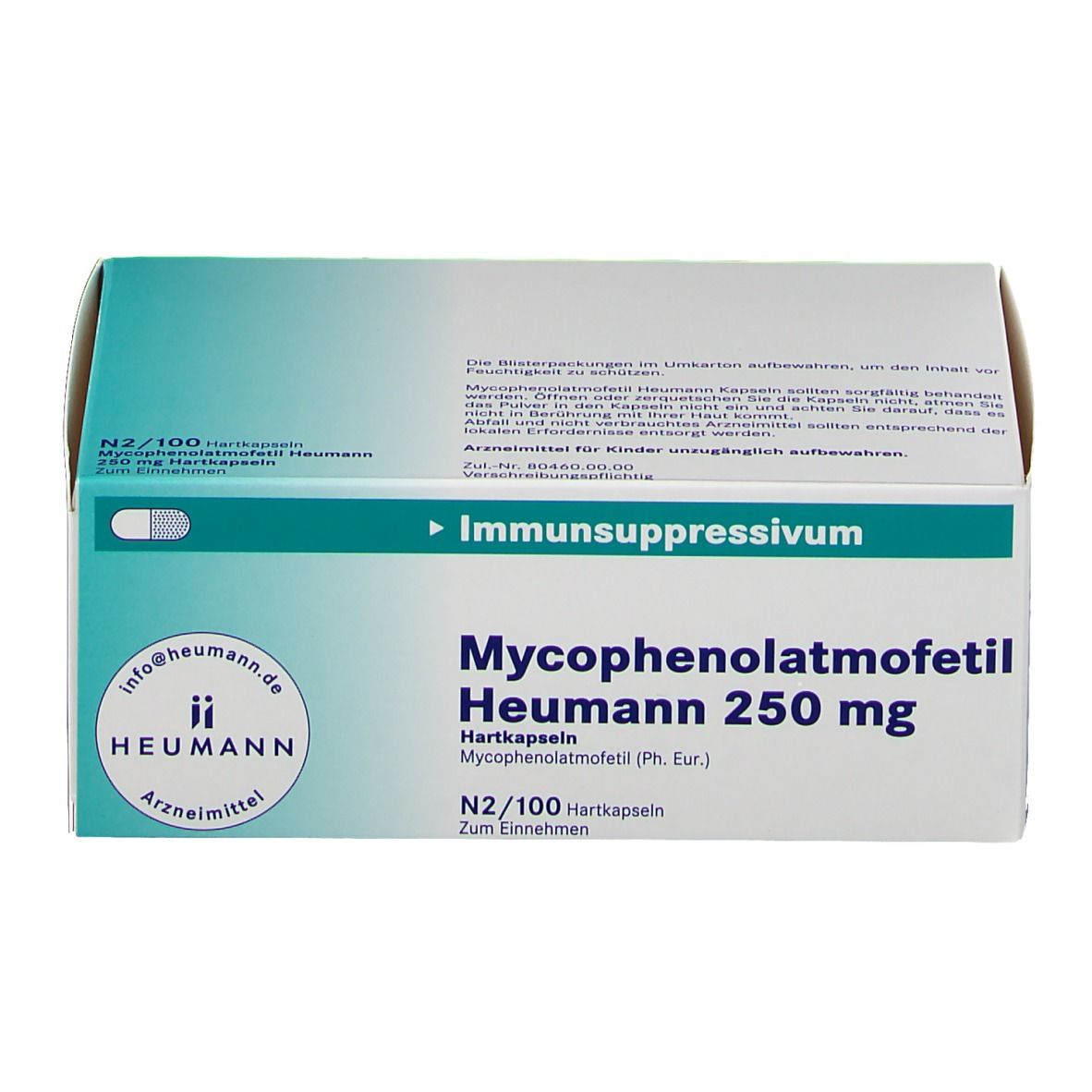 Schachtel mit Mycophenolatmofetil Heumann 250 mg Hartkapseln. Aufschrift: Immunsuppressivum. Heumann Logo.