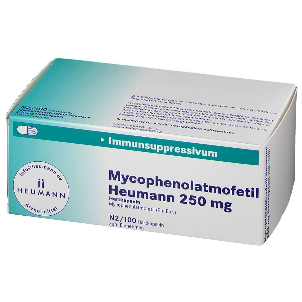 Schachtel mit Mycophenolatmofetil Heumann 250 mg Hartkapseln. Aufschrift: Immunsuppressivum. Heumann Logo.