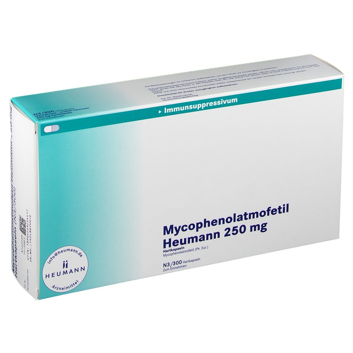 Schachtel mit Aufschrift Mycophenolatmofetil Heumann 250 mg. Aufdruck: Immunsuppressivum. Heumann Logo.