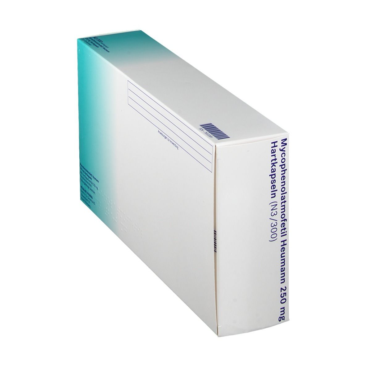 Schachtel mit Aufschrift Mycophenolatmofetil Heumann 250 mg Hartkapseln. Eckansicht. Heumann Logo.