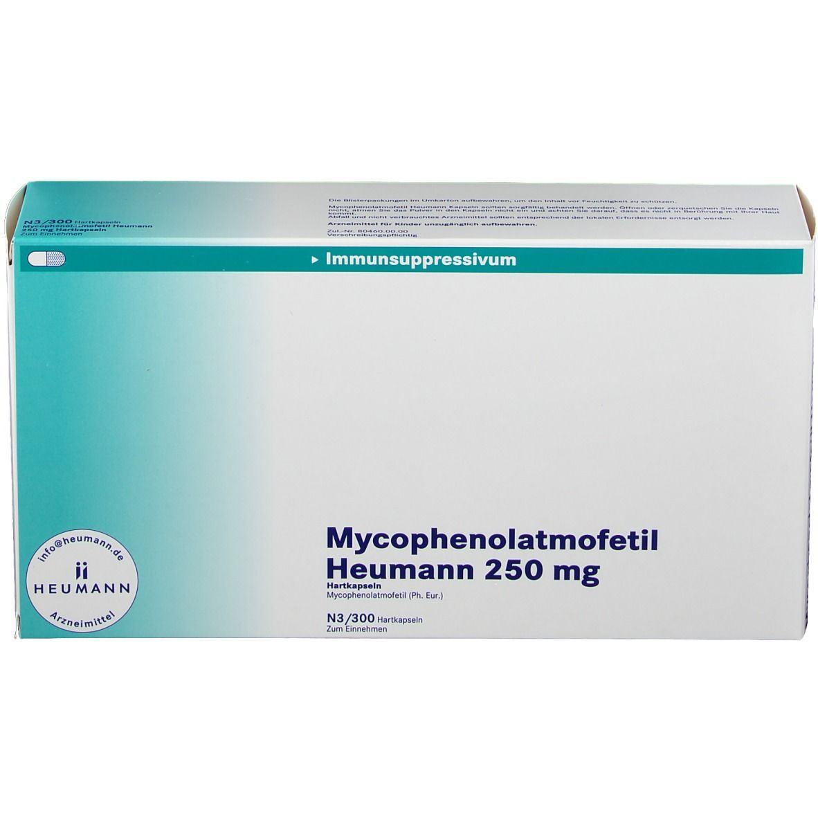 Schachtel mit Aufschrift Mycophenolatmofetil Heumann 250 mg. Aufdruck: Immunsuppressivum. Heumann Logo.