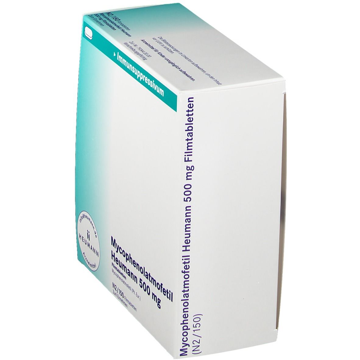 Schräg stehende Schachtel "Mycophenolatmofetil Heumann 500 mg". Aufschrift "Immunsuppressivum". Logo "Heumann".