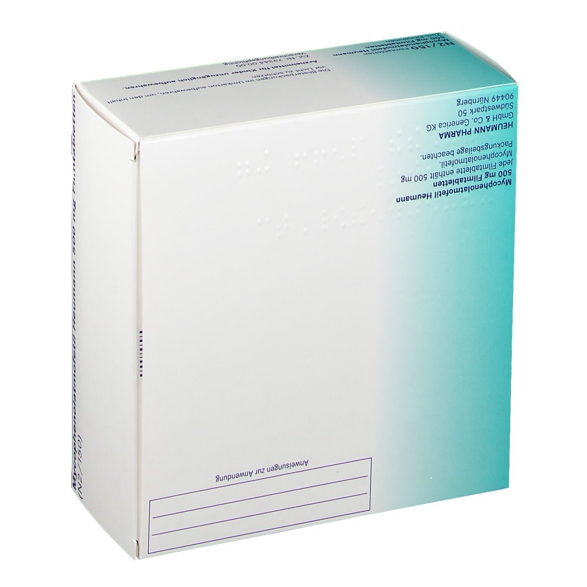 Rückseite der Schachtel "Mycophenolatmofetil Heumann 500 mg". Text und Barcode.