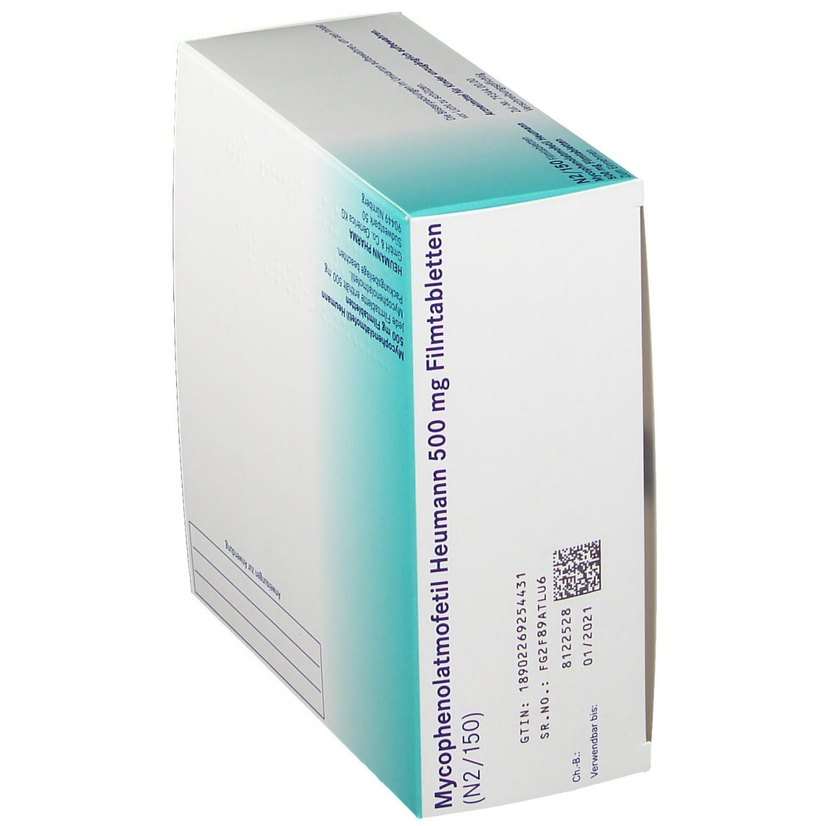 Schräg stehende Schachtel "Mycophenolatmofetil Heumann 500 mg". Text und Barcode.