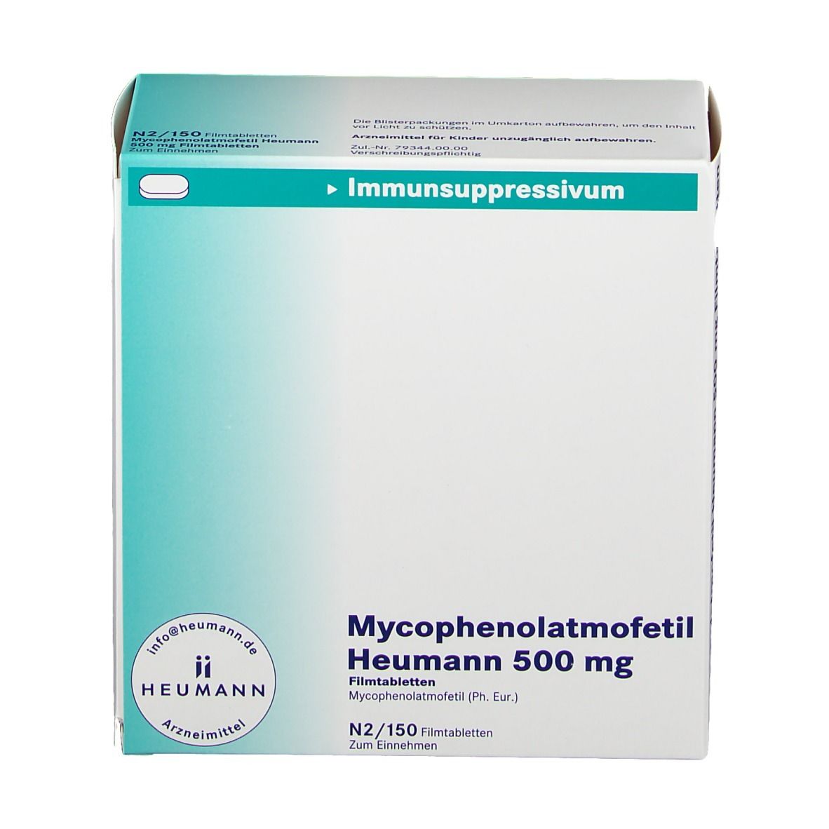 Vorderseite der Schachtel "Mycophenolatmofetil Heumann 500 mg". Aufschrift "Immunsuppressivum". Logo "Heumann".