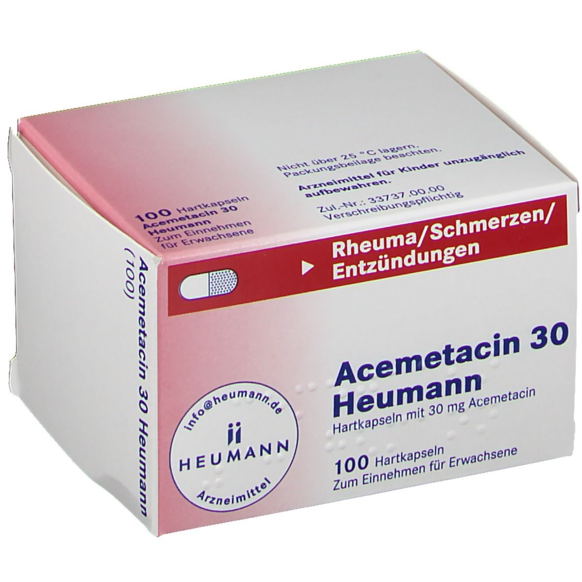 Karton mit Acemetacin 30 Heumann Kapseln. Aufschrift: 100 Hartkapseln, Zum Einnehmen für Erwachsene. Marke Heumann. Rote und weiße Farbgebung.
