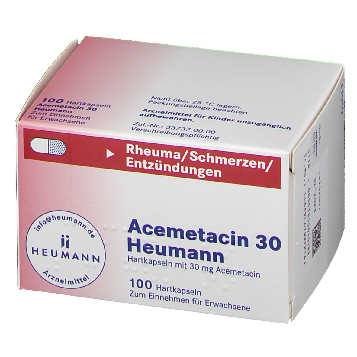 Karton mit Acemetacin 30 Heumann Kapseln. Aufschrift: 100 Hartkapseln, Zum Einnehmen für Erwachsene. Marke Heumann. Rote und weiße Farbgebung.