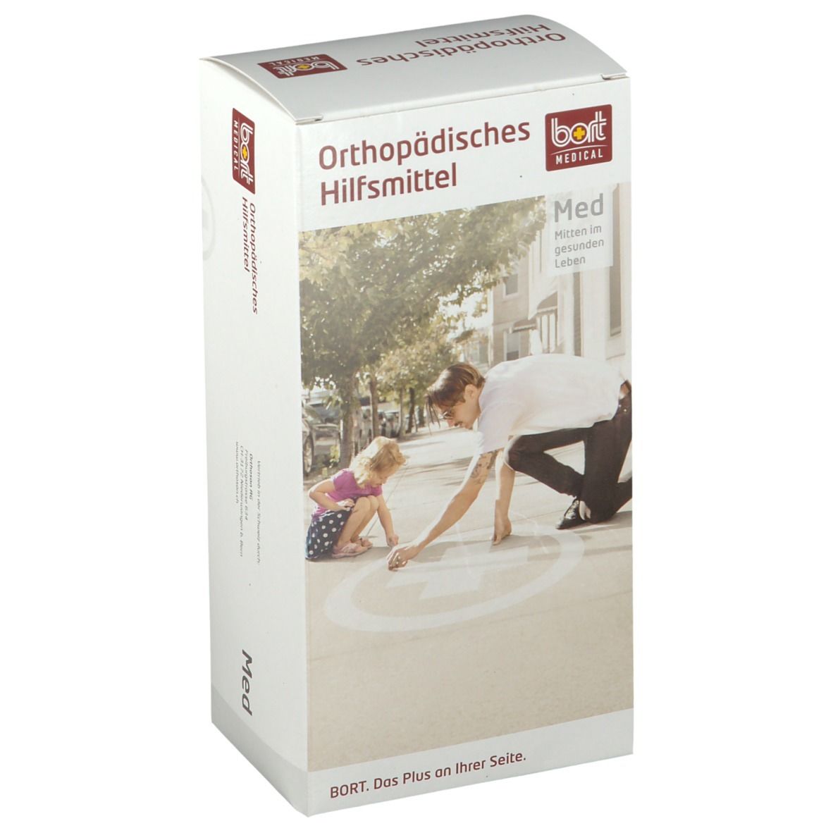 Weißer Karton mit Aufdruck. Auf der Vorderseite: Orthopädisches Hilfsmittel, BORT MEDICAL Logo, Bild von Mann und Kind. Text: Med, BORT. Das Plus an Ihrer Seite.