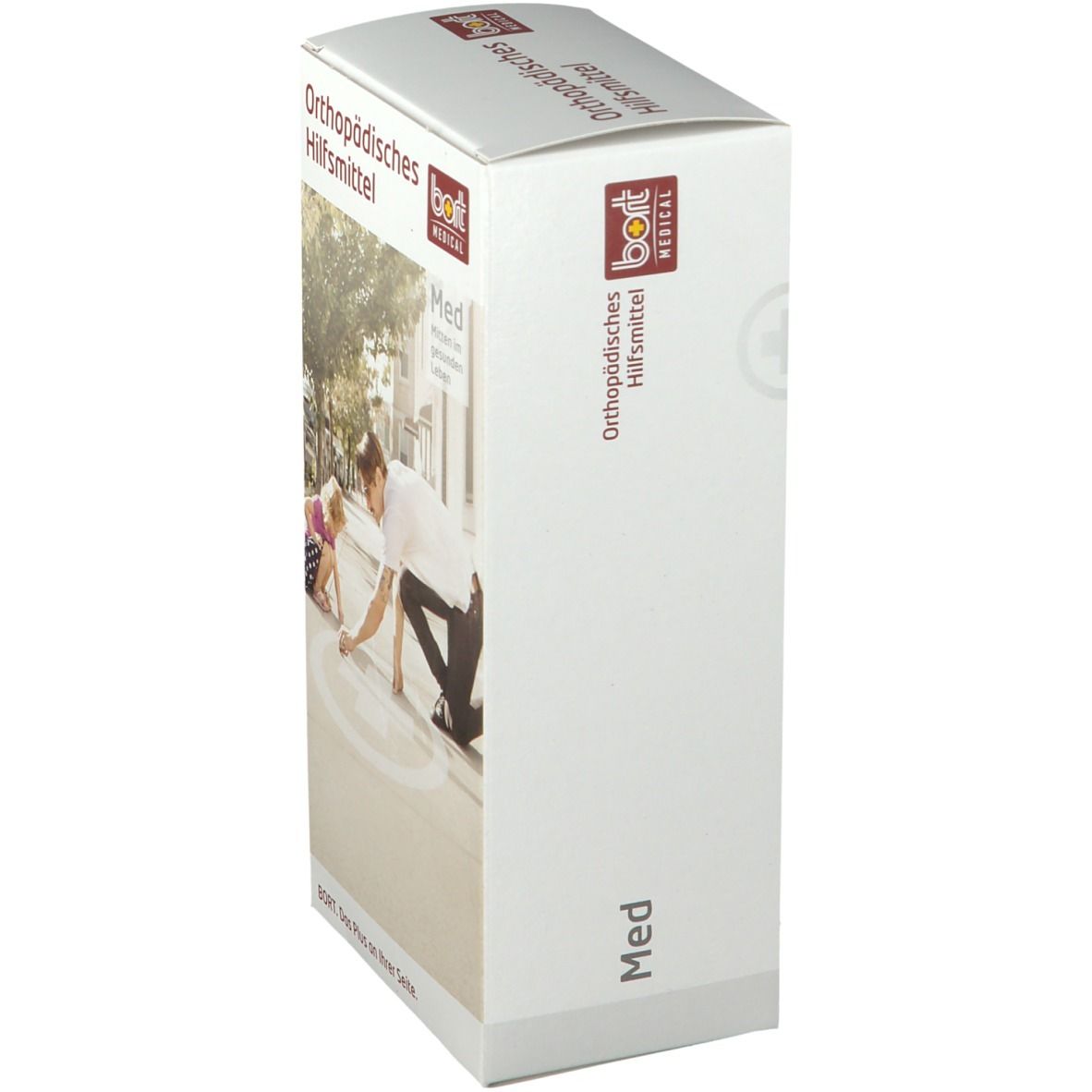 Weißer Karton mit Aufdruck. Auf der Vorderseite: Orthopädisches Hilfsmittel, BORT MEDICAL Logo, Bild von Mann und Kind. Text: Med, BORT. Das Plus an Ihrer Seite.