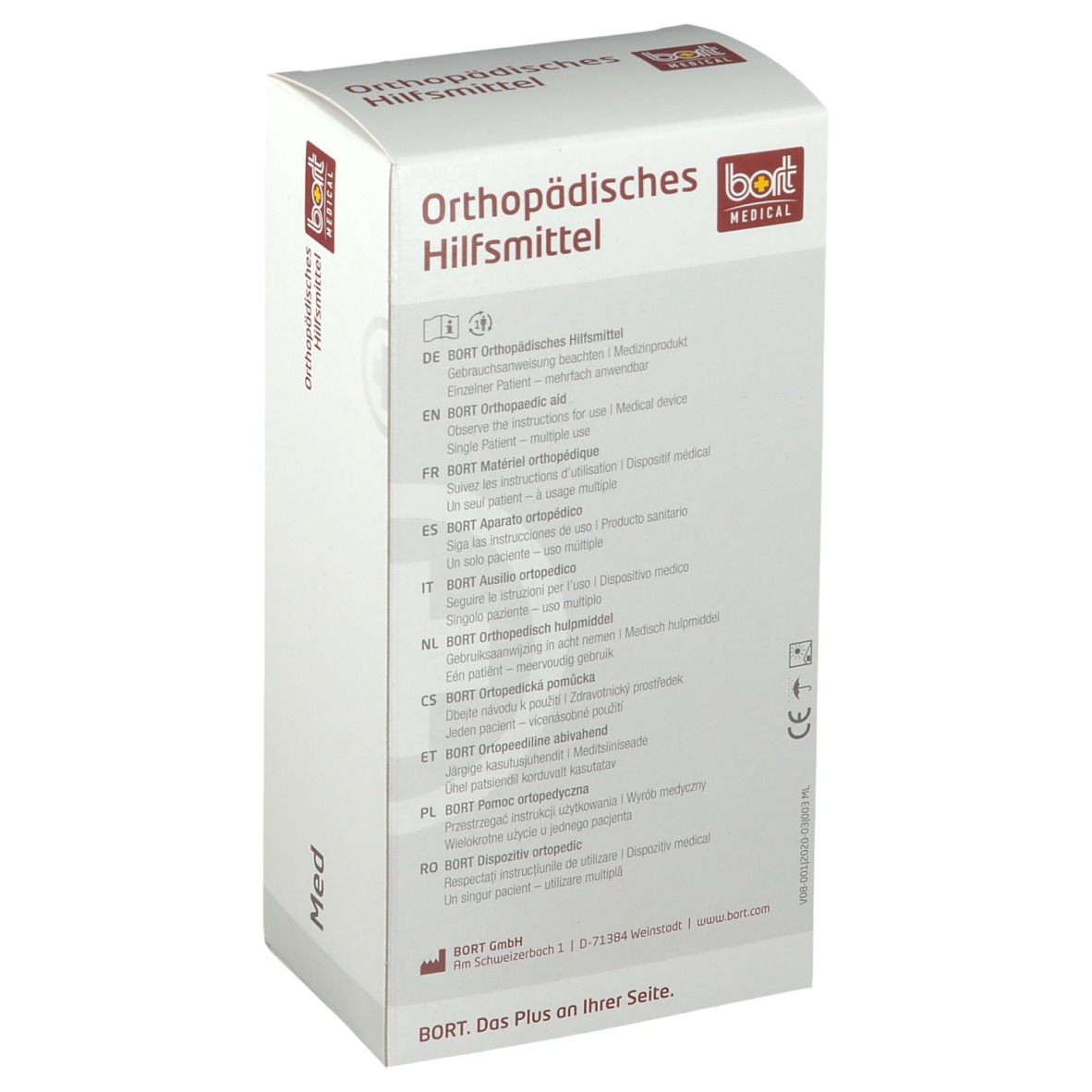 Weißer Karton mit Aufdruck. Auf der Seite: Orthopädisches Hilfsmittel, BORT MEDICAL Logo, Text in mehreren Sprachen. Text: BORT. Das Plus an Ihrer Seite.