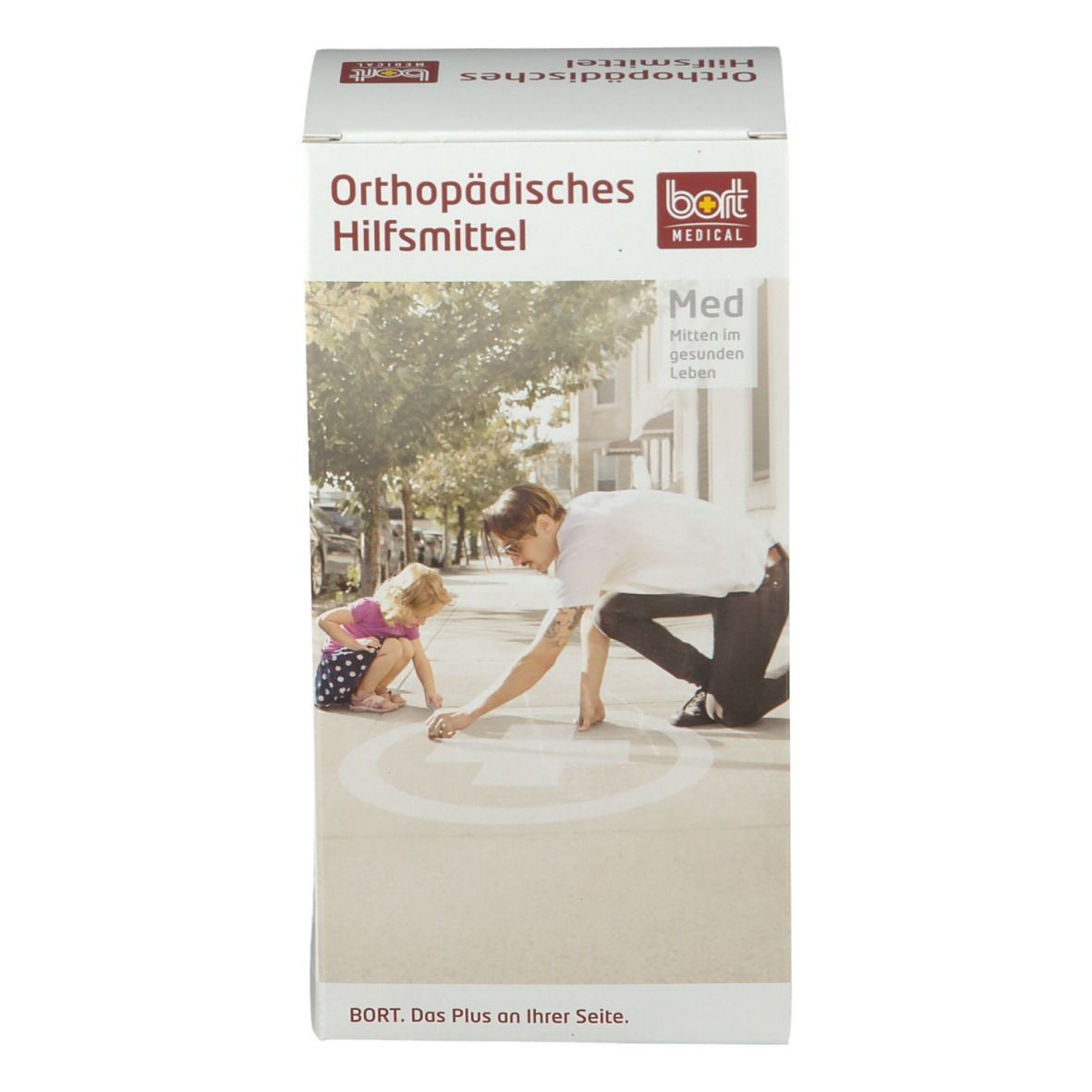 Weißer Karton mit Aufdruck. Auf der Vorderseite: Orthopädisches Hilfsmittel, BORT MEDICAL Logo, Bild von Mann und Kind. Text: Med, BORT. Das Plus an Ihrer Seite.