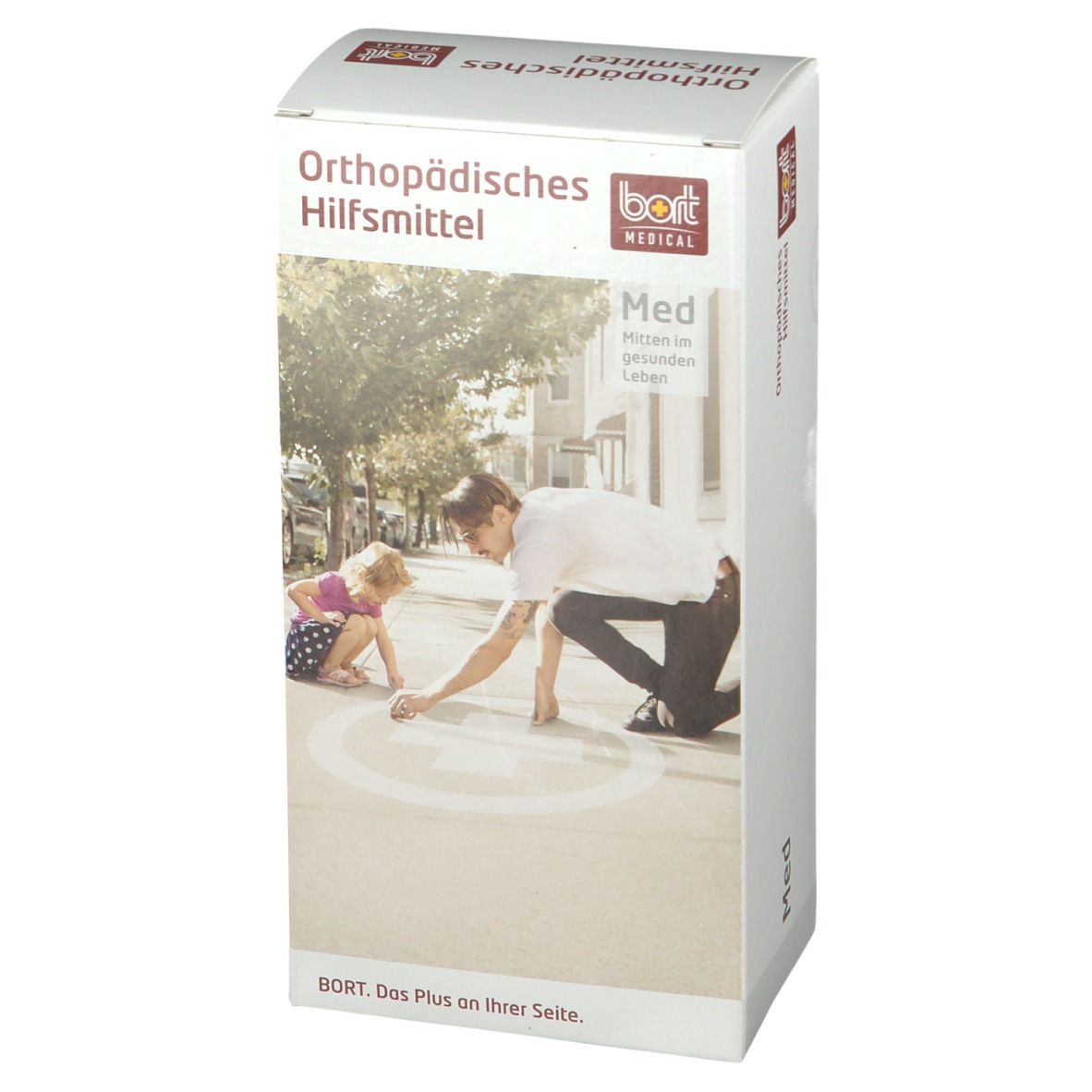 Weißer Karton mit Aufdruck. Auf der Vorderseite: Orthopädisches Hilfsmittel, BORT MEDICAL Logo, Bild von Mann und Kind. Text: Med, BORT. Das Plus an Ihrer Seite.
