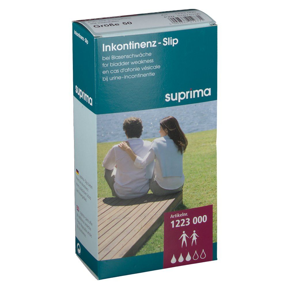 Verpackung mit Suprima Inkontinenz-Slip, Größe 50. Aufdruck: Inkontinenz-Slip, Artikelnummer 1223 000, Suprima Logo.