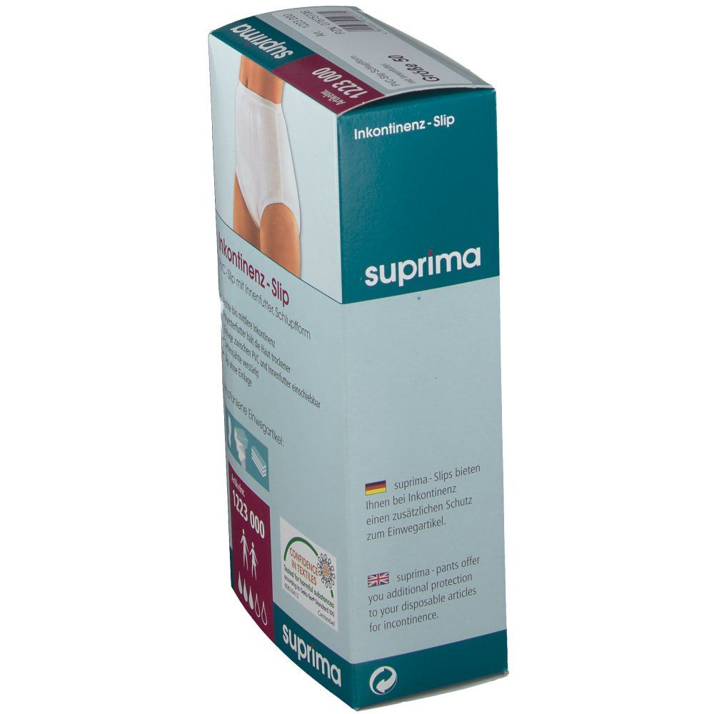 Seitenansicht der Verpackung mit Suprima Inkontinenz-Slip. Text: Inkontinenz-Slip, Artikelnummer 1223 000, Suprima Logo, Confidence in Textiles.