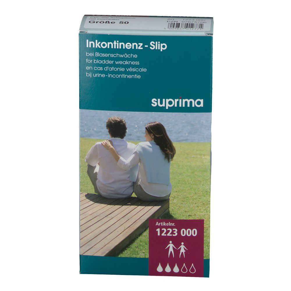 Verpackung mit Suprima Inkontinenz-Slip, Größe 50. Aufdruck: Inkontinenz-Slip, Artikelnummer 1223 000, Suprima Logo.