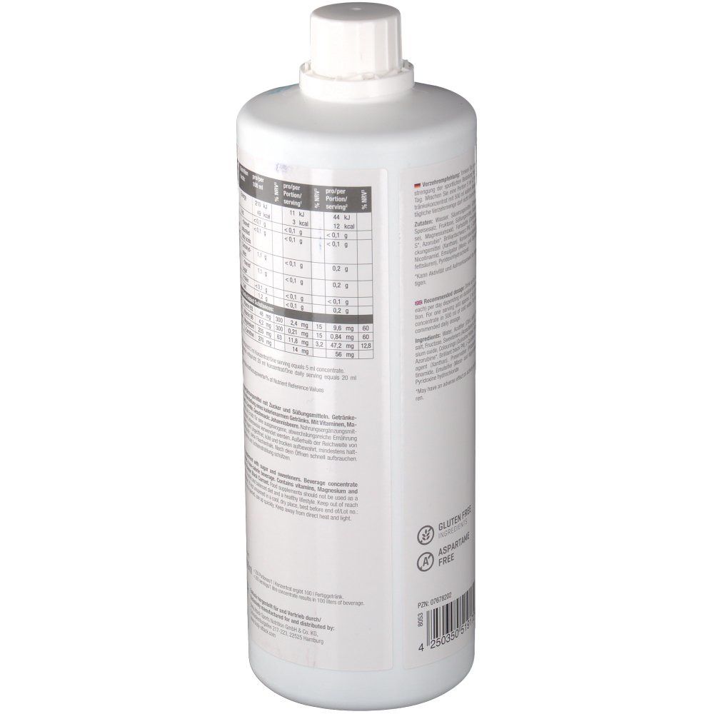 Weiße Flasche mit Etikett. Rückseite mit Nährwertangaben, Text und Logos. Glutenfrei und Aspartamfrei.