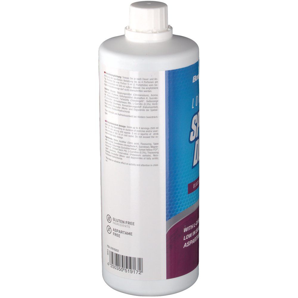 Weiße Flasche mit Etikett. Rückseite mit Text und Logos. Glutenfrei und Aspartamfrei. Barcode.