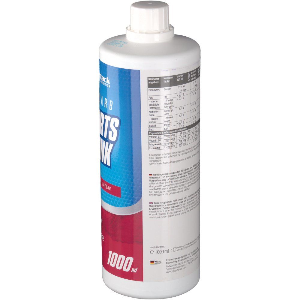 Flasche Body Attack Low Carb Sports Drink. Rückseite mit Nährwertangaben und Inhaltsstoffen. Weißer Deckel. 1000 ml.