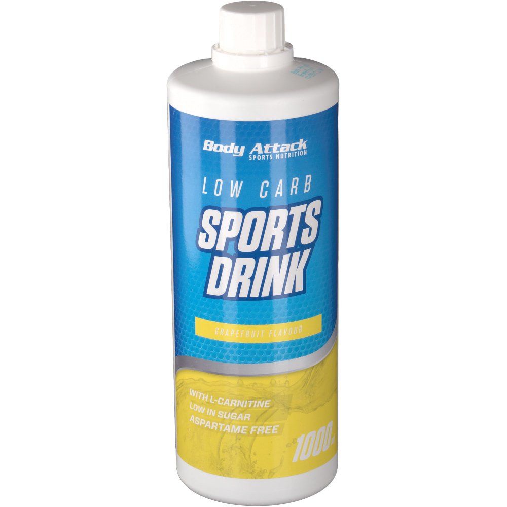 Flasche Body Attack Low Carb Sports Drink Grapefruit. Blau-gelbes Etikett mit Schriftzug und Produktinformationen. Weiße Kappe.