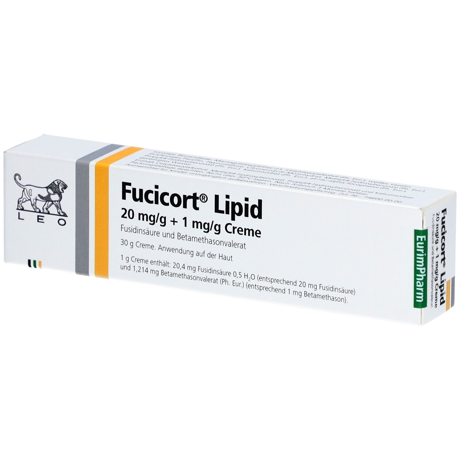 Fucicort Lipid Creme-Packung. Enthält 20 mg/g + 1 mg/g Creme. Leo-Logo und EurimPharm-Logo sichtbar.