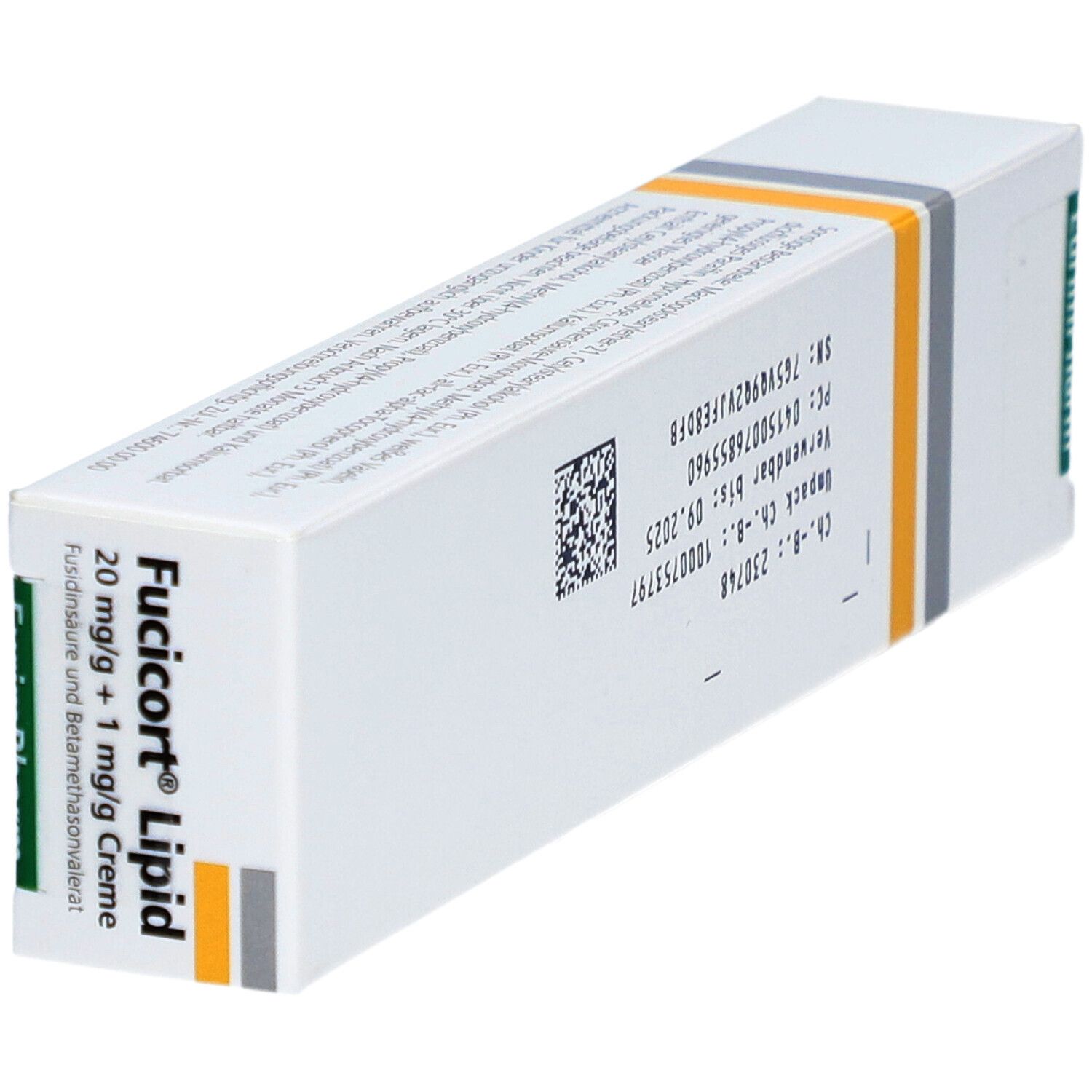 Rückseite der Fucicort Lipid Creme-Packung. Code, Verfallsdatum und weitere Informationen sind sichtbar.