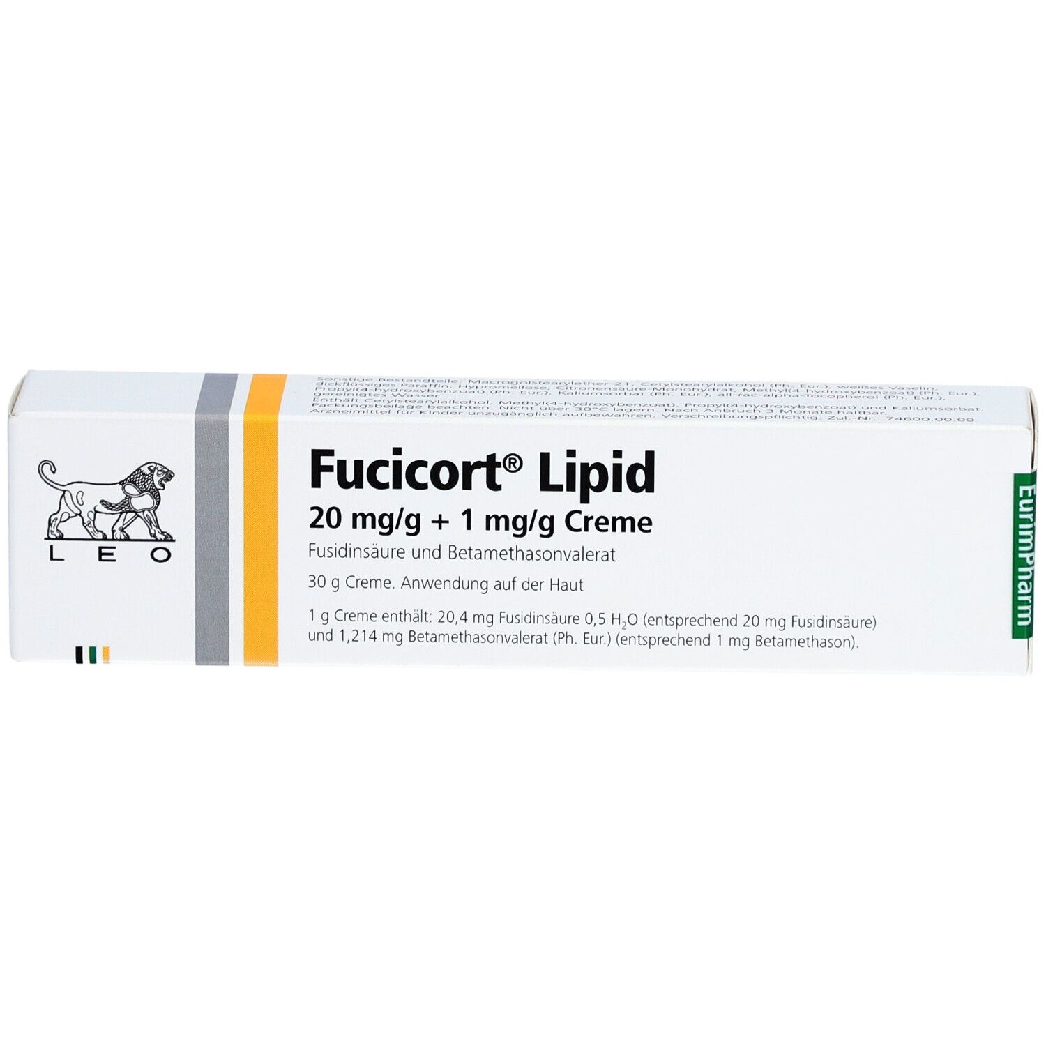 Fucicort Lipid Creme-Packung. Enthält 20 mg/g + 1 mg/g Creme. Leo-Logo und EurimPharm-Logo sichtbar.