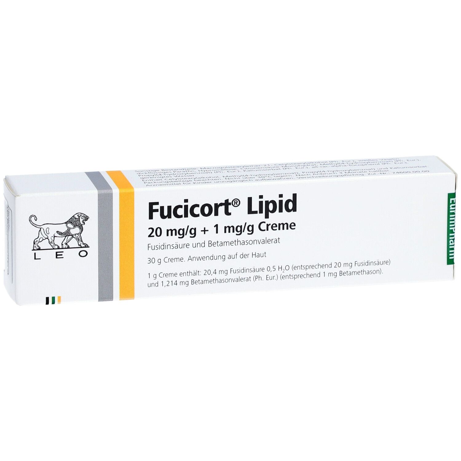Fucicort Lipid Creme-Packung. Enthält 20 mg/g + 1 mg/g Creme. Leo-Logo und EurimPharm-Logo sichtbar.