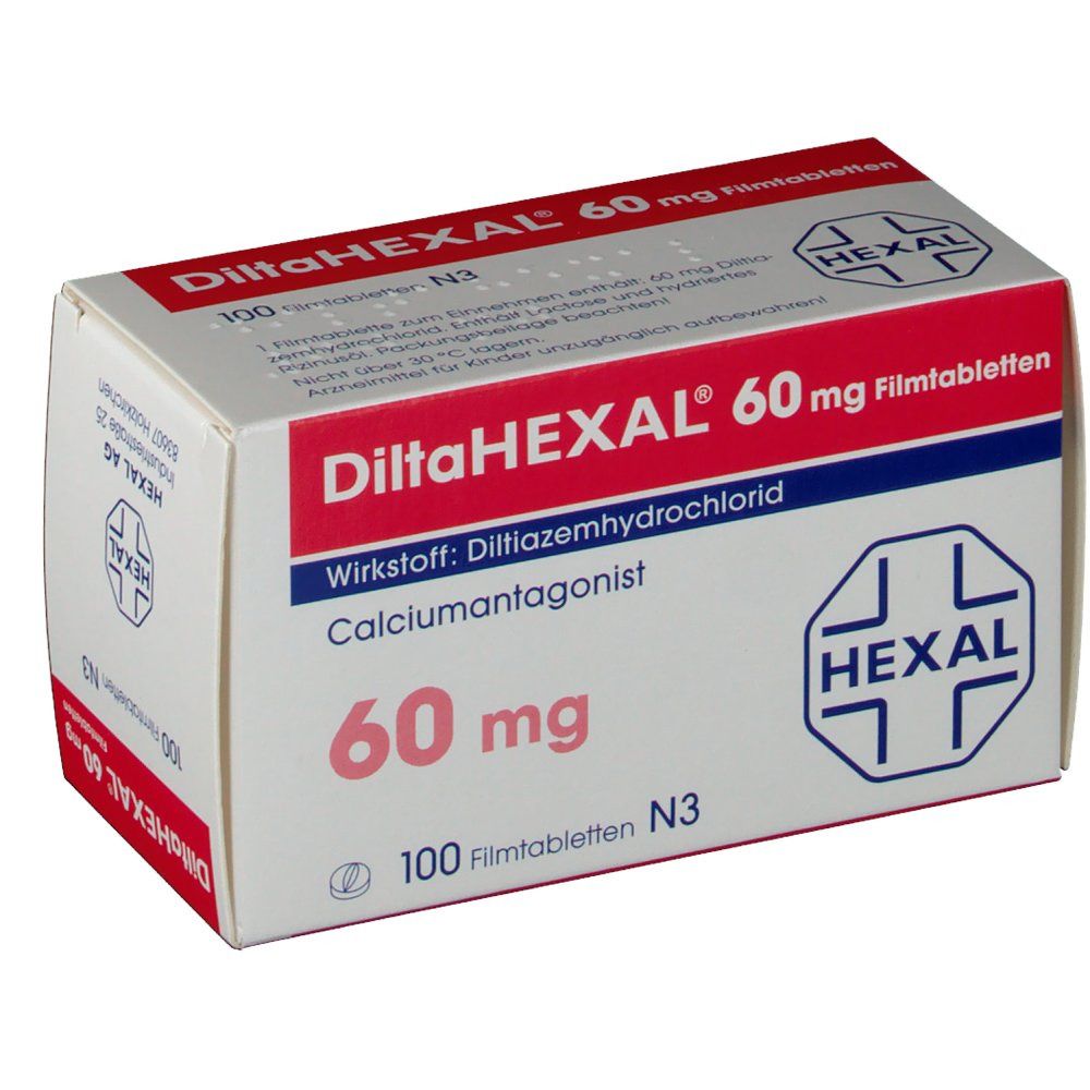 Schachtel mit "DiltaHEXAL 60 mg Filmtabletten". Weiß, rot und blau. "HEXAL" Logo. Enthält 100 Filmtabletten.