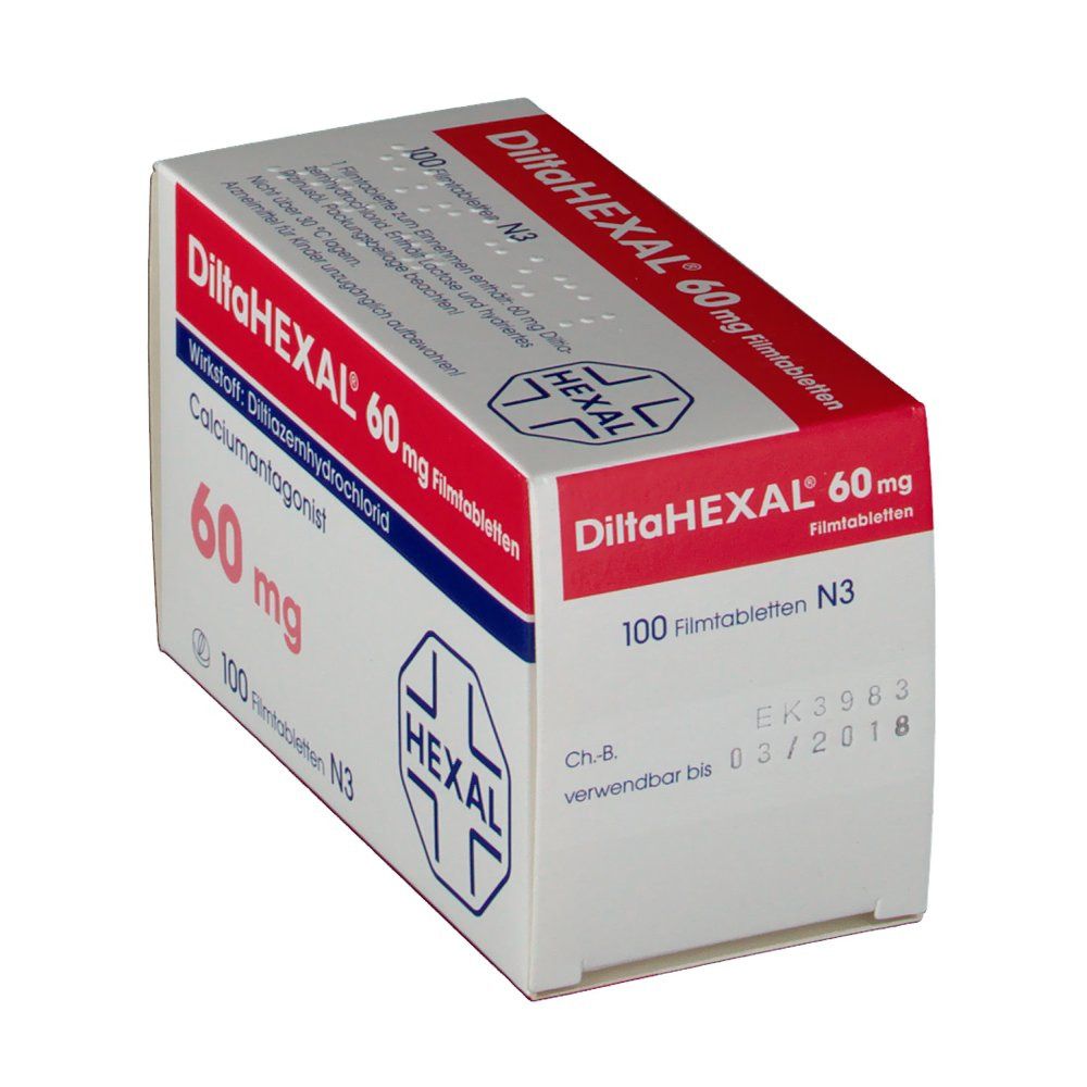 Schachtel "DiltaHEXAL 60 mg Filmtabletten". Weiß, rot und blau. "HEXAL" Logo. Enthält 100 Filmtabletten. Verfallsdatum.