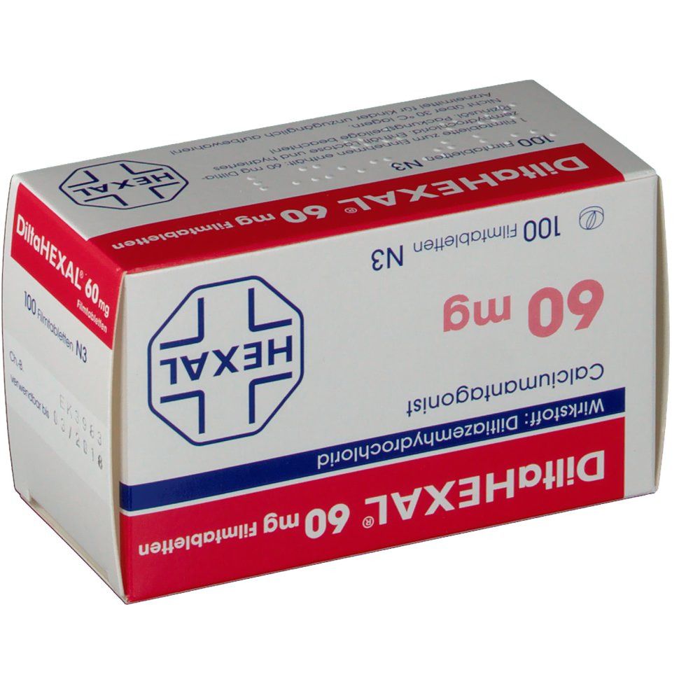 Schachtel "DiltaHEXAL 60 mg Filmtabletten". Weiß, rot und blau. "HEXAL" Logo. Enthält 100 Filmtabletten. Text und Logo.