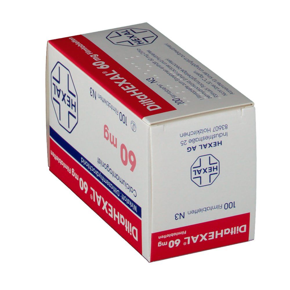 Schachtel "DiltaHEXAL 60 mg Filmtabletten". Weiß, rot und blau. "HEXAL" Logo. Enthält 100 Filmtabletten. Herstelleradresse.