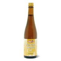 Braune Glasflasche mit gelbem Etikett. Schriftzug: Fenchel-Honig SN. Gelber Deckel.