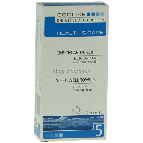 Verpackung von Coolike Einschlaftüchern. Enthält 5 Tücher aus 100% Baumwolle. Aufschrift: Sleep Well Towels, Health & Care.
