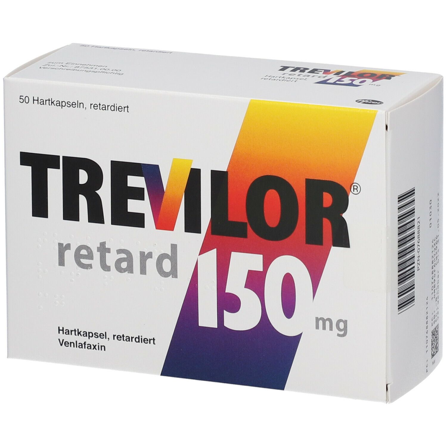 Weißer Karton mit Aufdruck. Schriftzug: TREVILOR retard 150 mg. Farbverlauf: Gelb, Orange, Lila. Text: 50 Hartkapseln, retardiert.