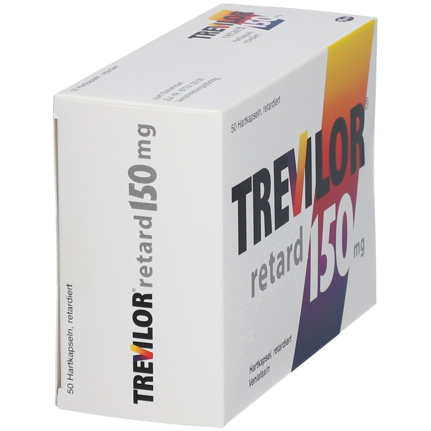 Schräg stehender weißer Karton. Aufdruck: TREVILOR retard 150 mg. Farbverlauf: Gelb, Orange, Lila. Text: 50 Hartkapseln, retardiert.