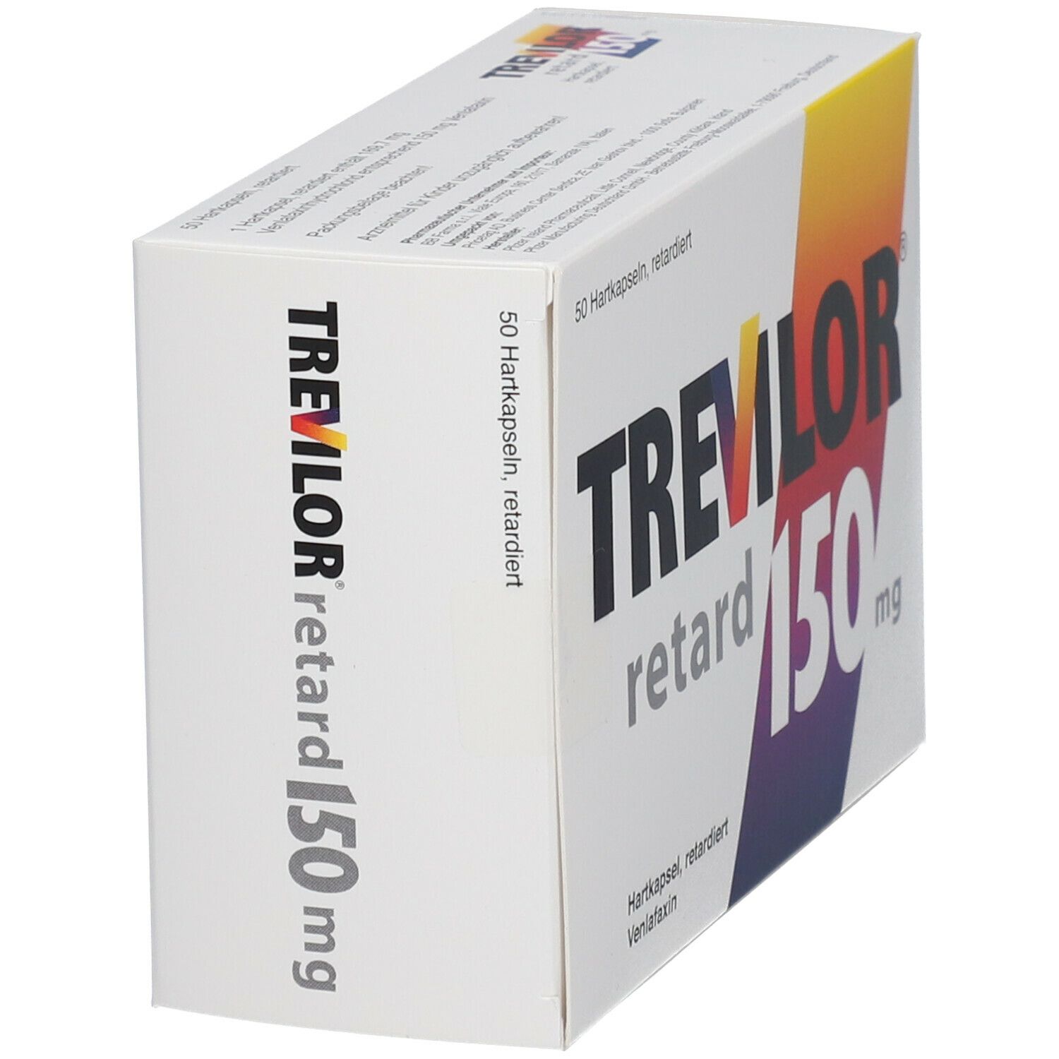 Schräg stehender weißer Karton. Aufdruck: TREVILOR retard 150 mg. Farbverlauf: Gelb, Orange, Lila. Text: 50 Hartkapseln, retardiert.
