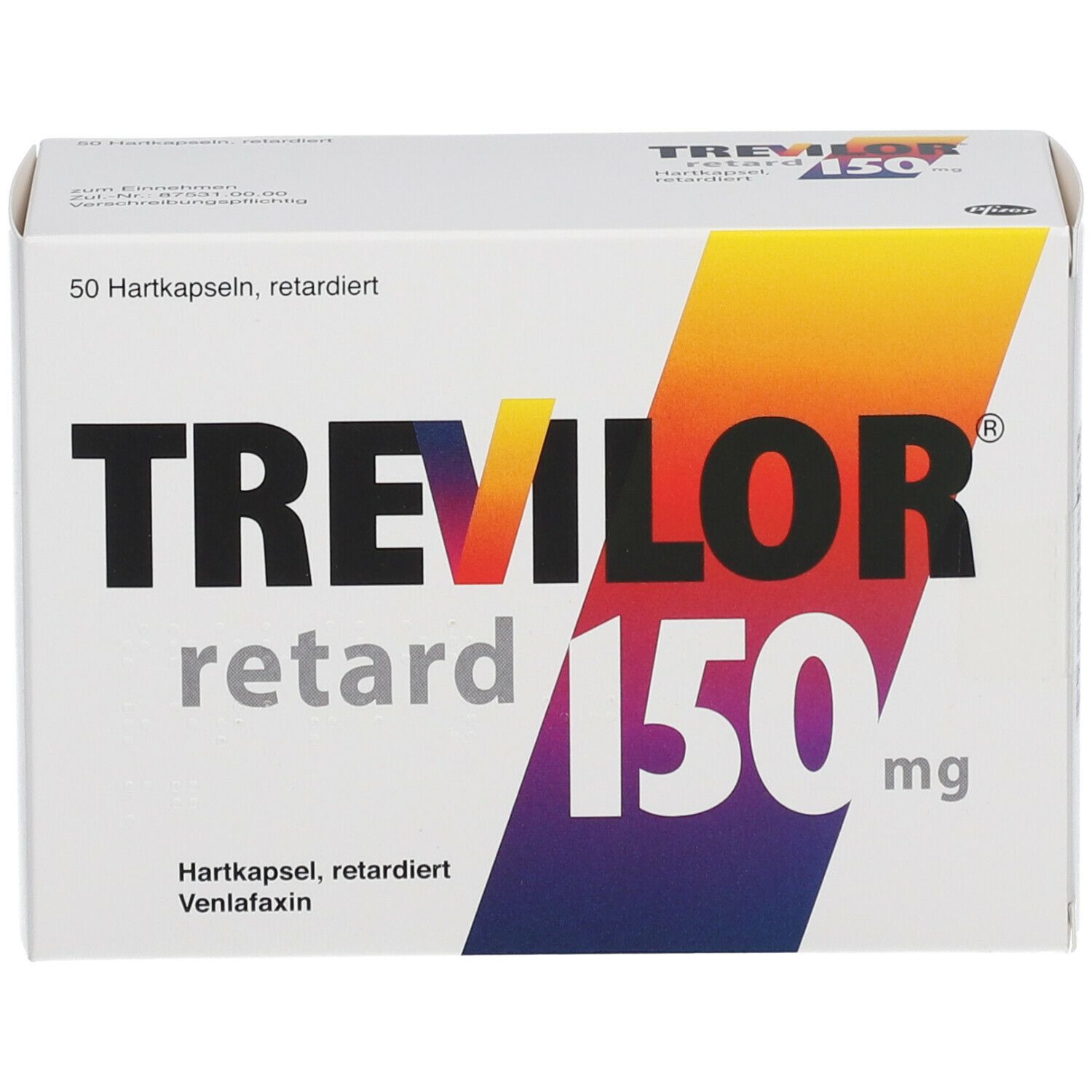 Weißer Karton mit Aufdruck. Schriftzug: TREVILOR retard 150 mg. Farbverlauf: Gelb, Orange, Lila. Text: 50 Hartkapseln, retardiert.