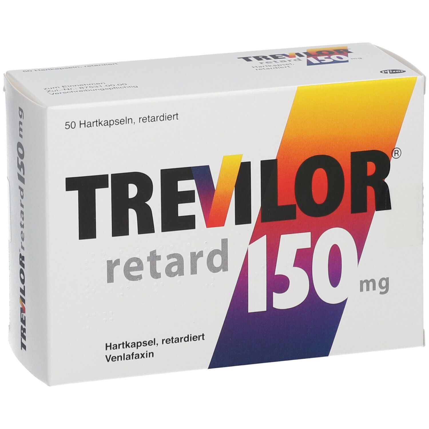 Weißer Karton mit Aufdruck. Schriftzug: TREVILOR retard 150 mg. Farbverlauf: Gelb, Orange, Lila. Text: 50 Hartkapseln, retardiert.