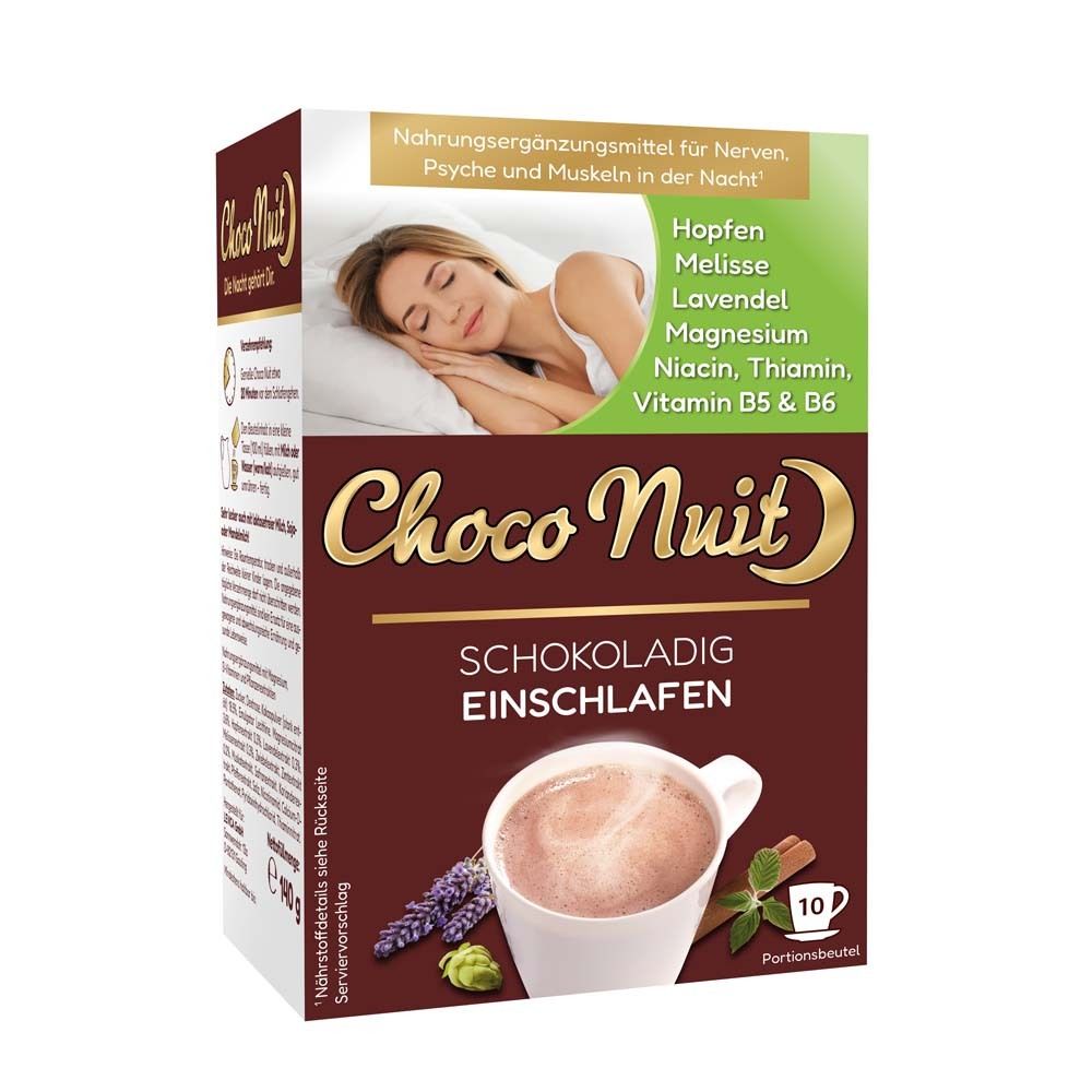 Verpackung von Choco Nuit Drink. Schokoladengetränk zum Einschlafen. Enthält Hopfen, Melisse, Lavendel, Magnesium, Vitamine.