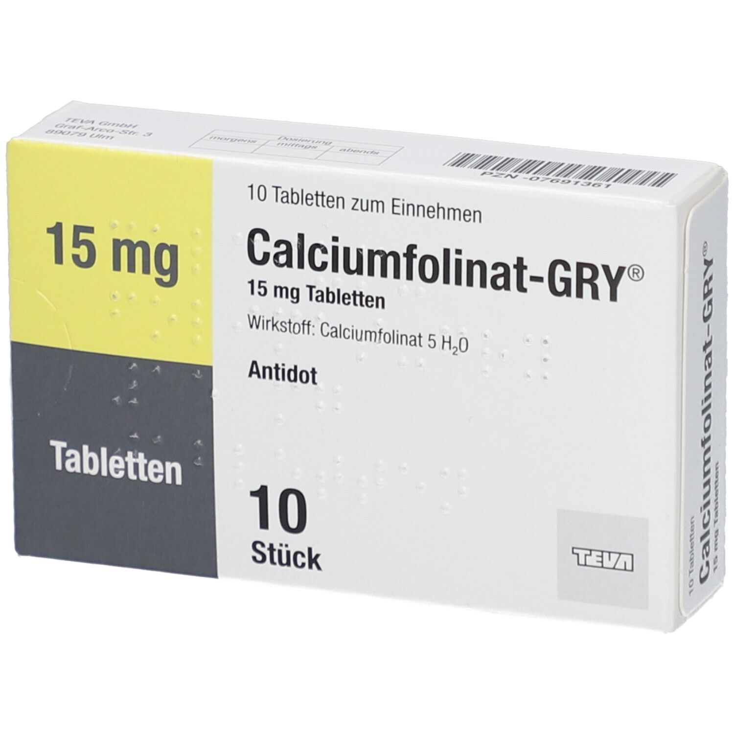 Schachtel mit Calciumfolinat-Gry Tabletten. Aufdruck: 15 mg, 10 Stück, Teva-Logo. Gelber und grauer Hintergrund.