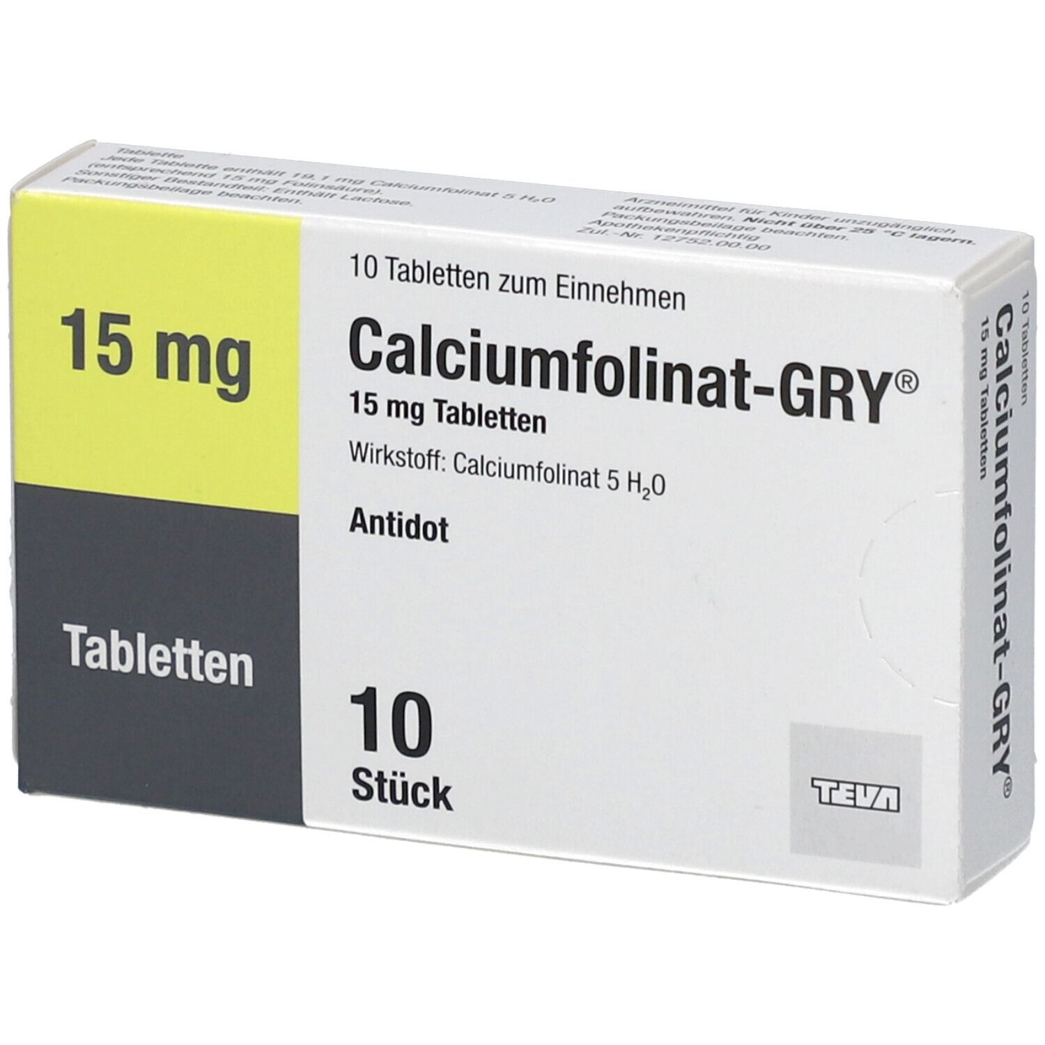 Schachtel mit Calciumfolinat-Gry Tabletten. Aufdruck: 15 mg, 10 Stück, Teva-Logo. Gelber und grauer Hintergrund.